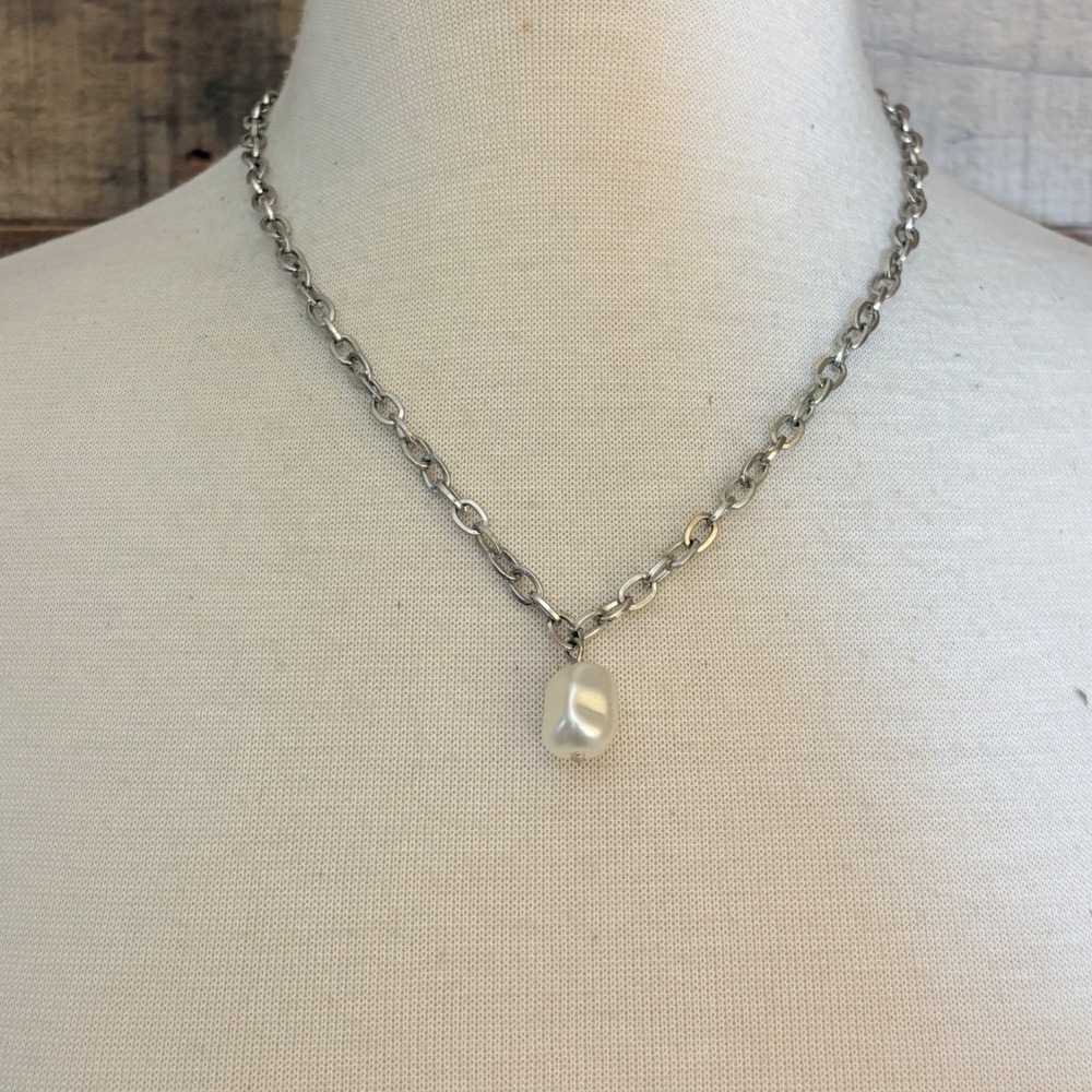 Silver Tone Cable Chain Necklace with Faux Pearl Pendant